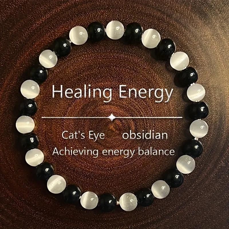 Vintage Boho Stretch Energy Wristband โ Catโs Eye & Obsidian Stone (Pack of 2)