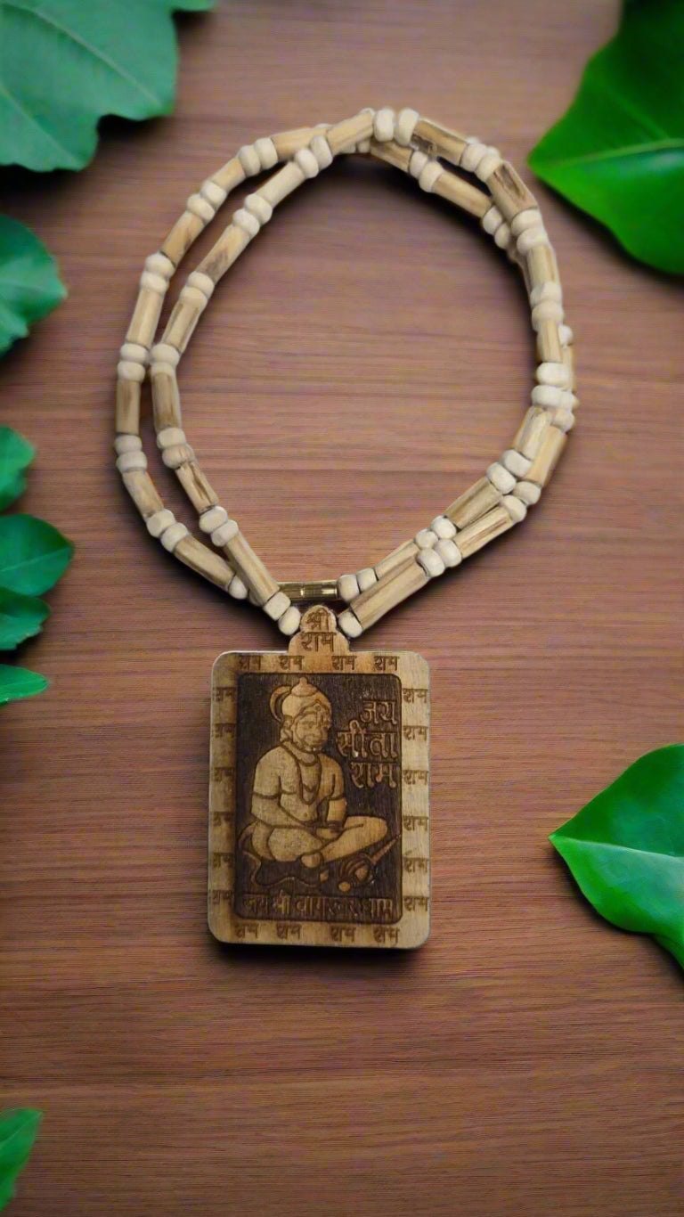 Original & Natural Wood Tulsi Kanthi Mala With Hanuman Ji Locket Pendant (Pack of 2)
