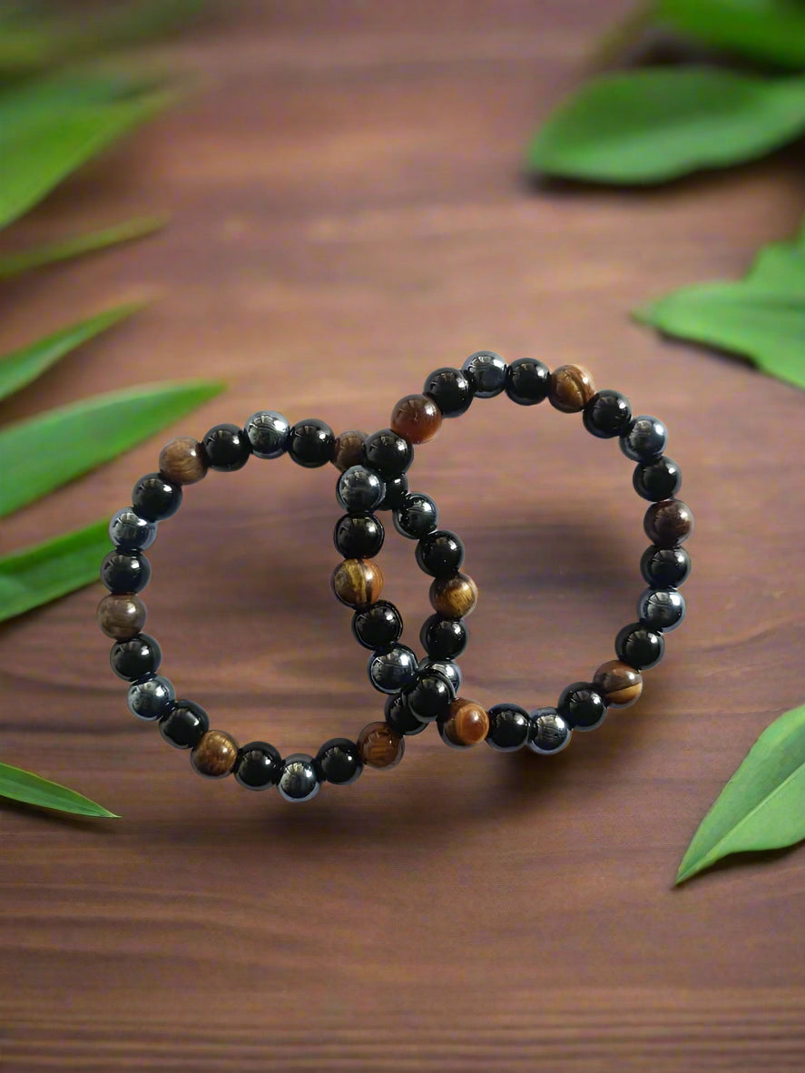 Tiger Eye Matte Black Beaded Bracelet – Pack of 2 (Handmade Strand Bracelets)