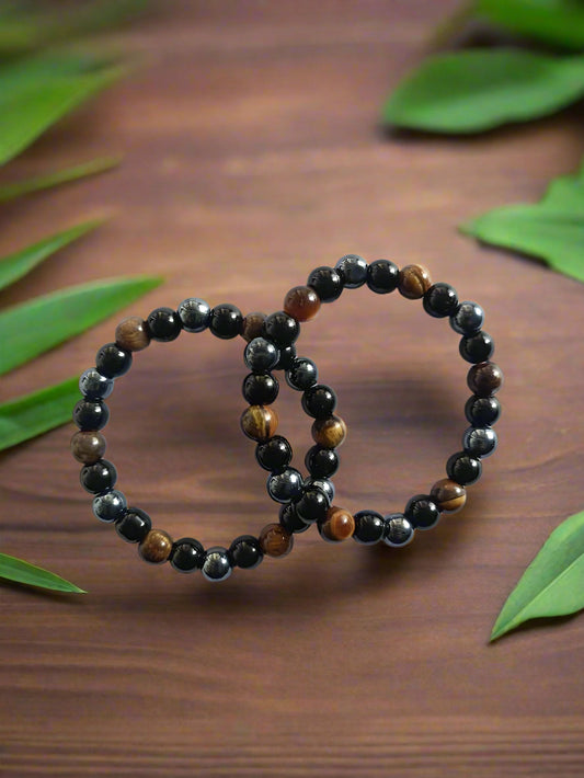 Tiger Eye Matte Black Beaded Bracelet – Pack of 2 (Handmade Strand Bracelets)