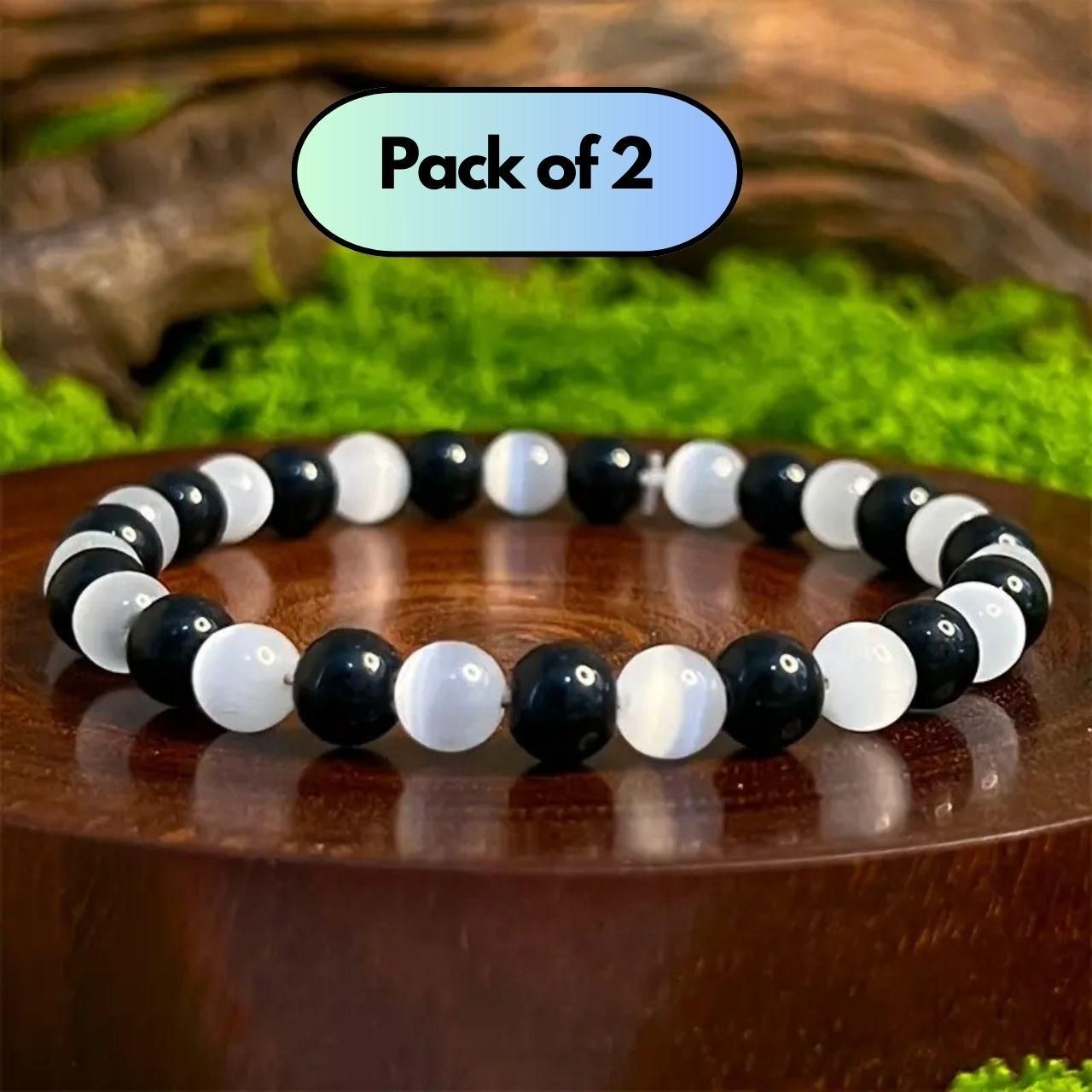 Vintage Boho Stretch Energy Wristband โ Catโs Eye & Obsidian Stone (Pack of 2)