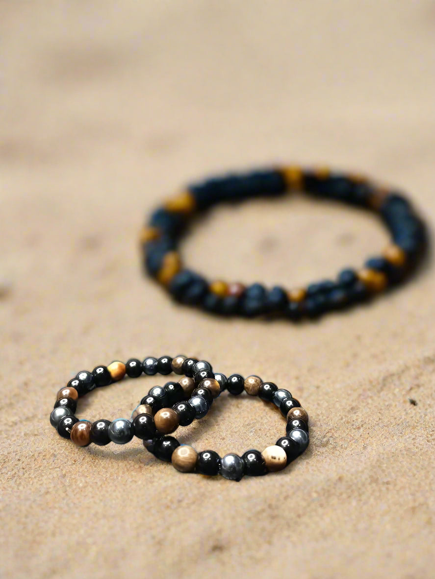 Tiger Eye Matte Black Beaded Bracelet – Pack of 2 (Handmade Strand Bracelets)