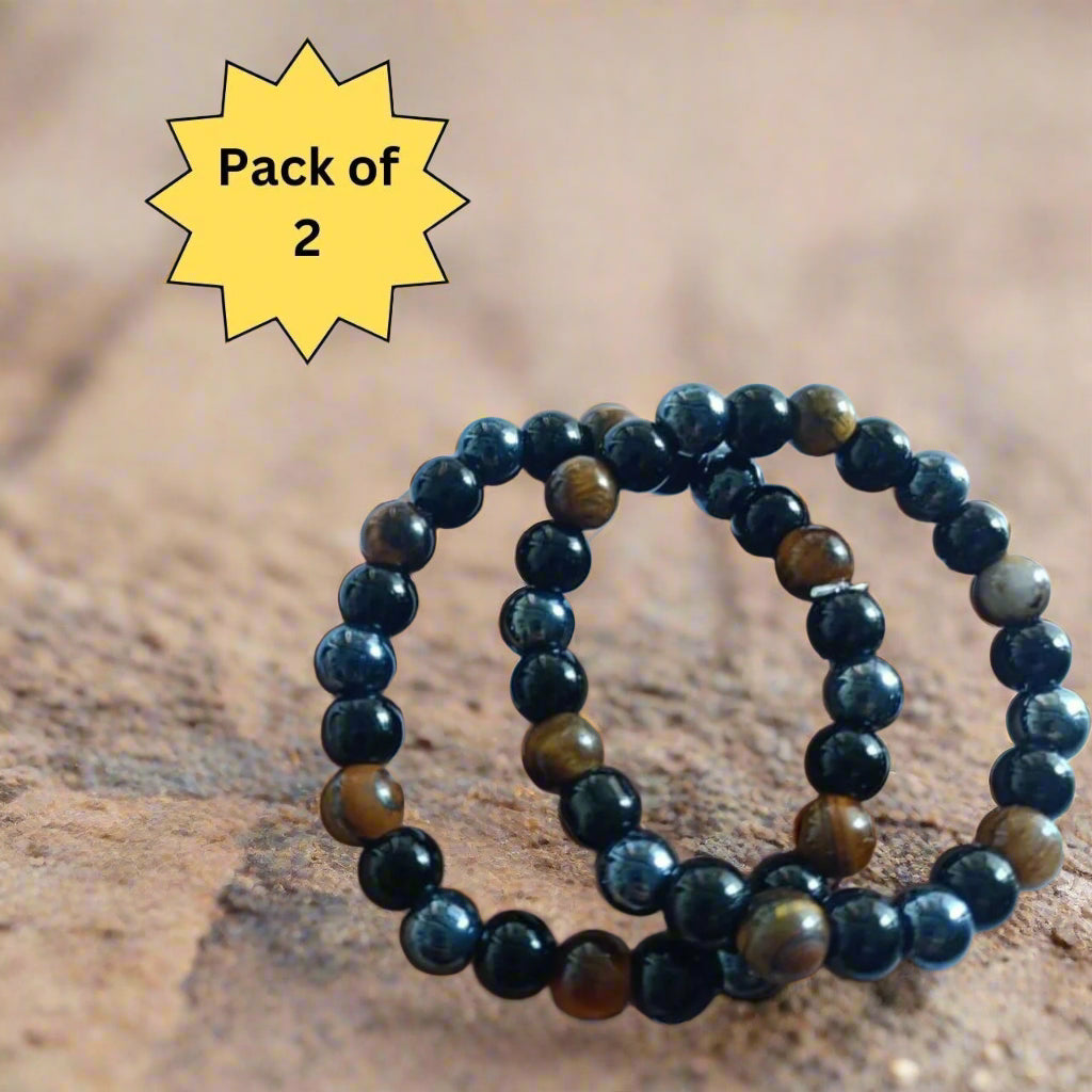 Tiger Eye Matte Black Beaded Bracelet – Pack of 2 (Handmade Strand Bracelets)