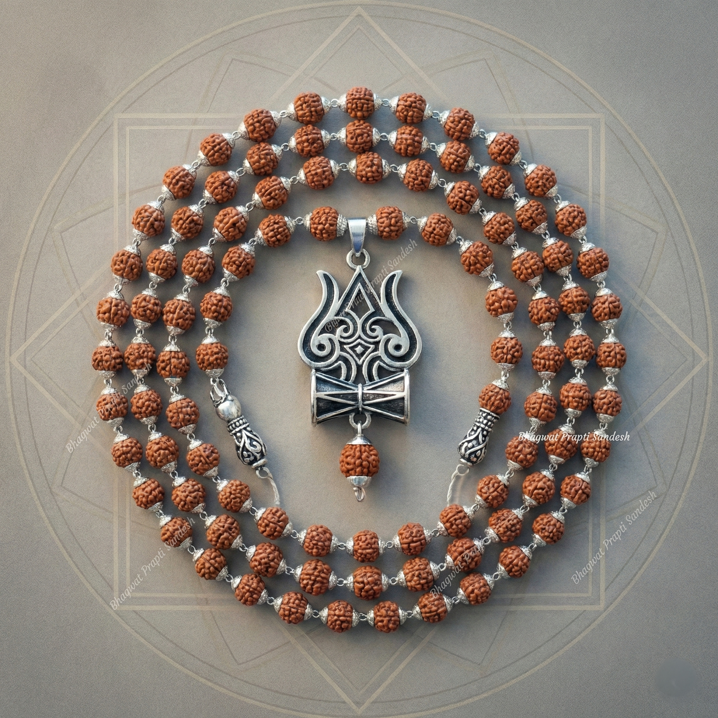 Original Trishul Damru Rudraksha Pendant with Mala for Divine Protection