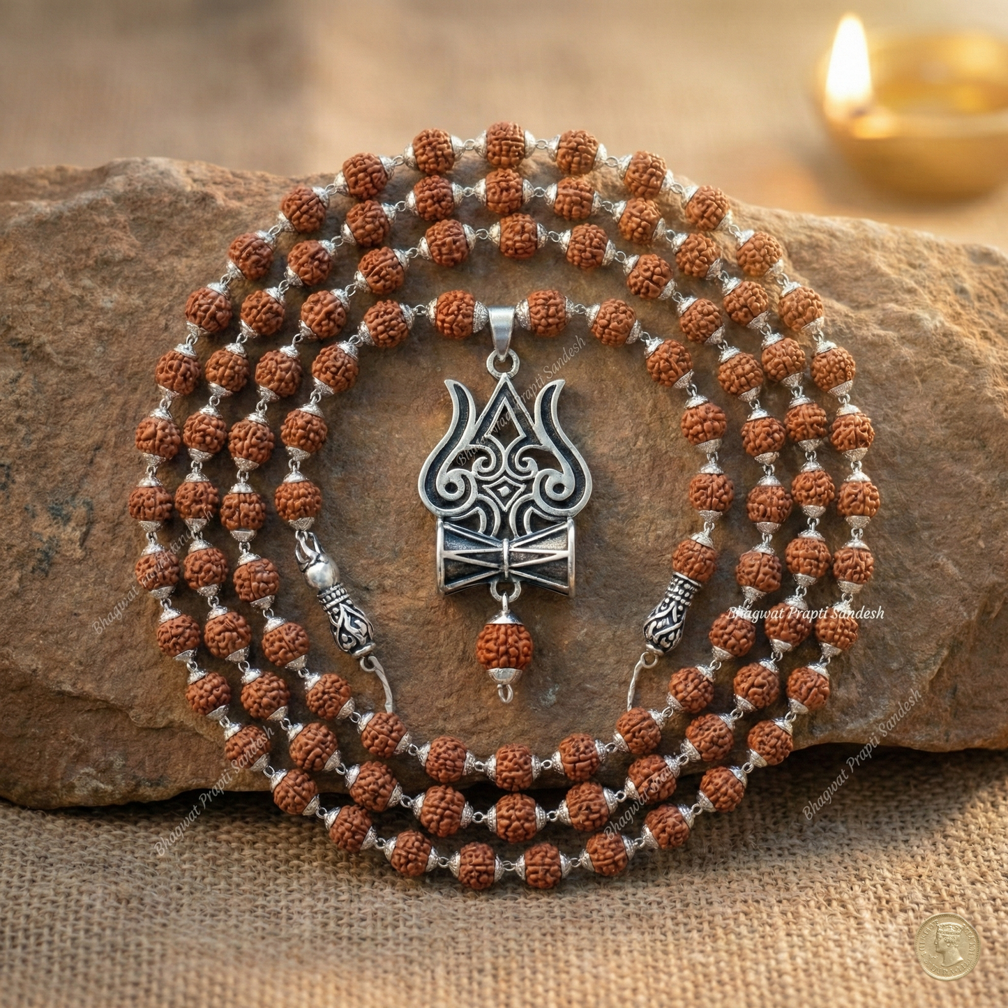 Original Trishul Damru Rudraksha Pendant with Mala for Divine Protection