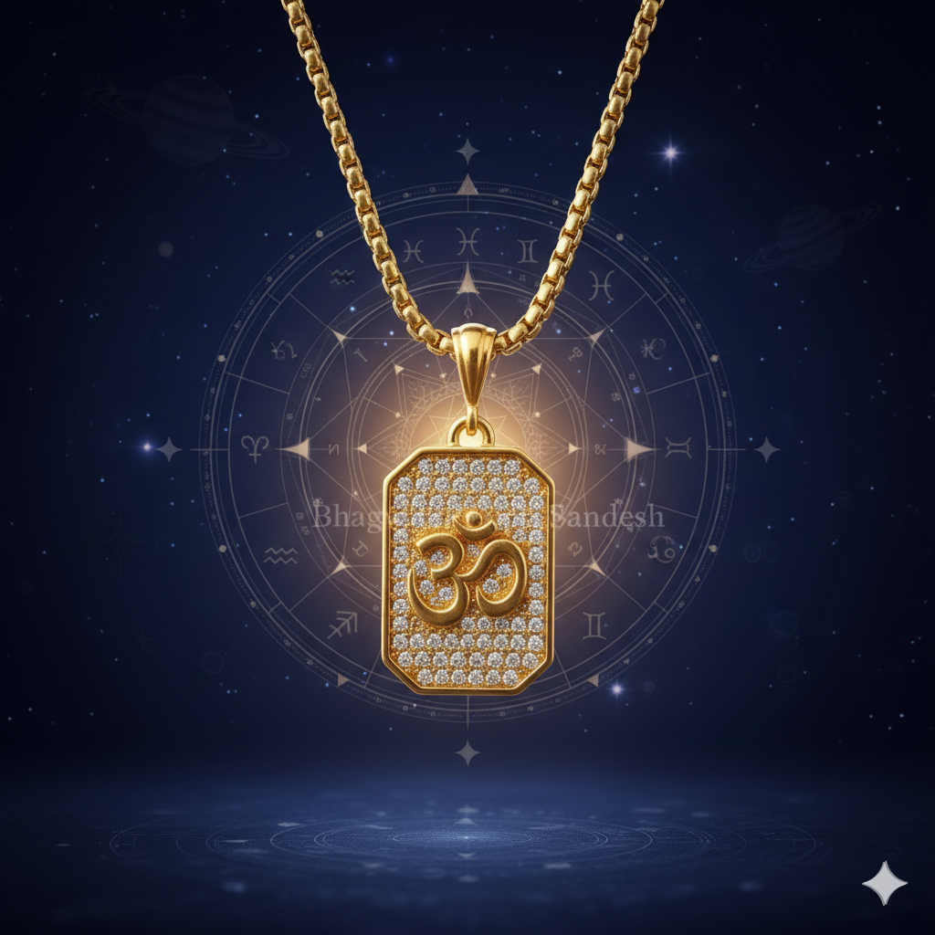 Gold Plated Om Diamond Pendant with Chain for Peace, Protection & Spiritual Energy